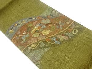 紗紬変わり横段に花唐草模様織出し洒落袋帯